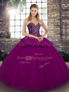 Low Price Fuchsia Sleeveless Floor Length Beading and Appliques Lace Up Quinceanera Gown
