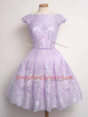 Fancy Cap Sleeves Lace Up Knee Length Lace Dama Dress for Quinceanera