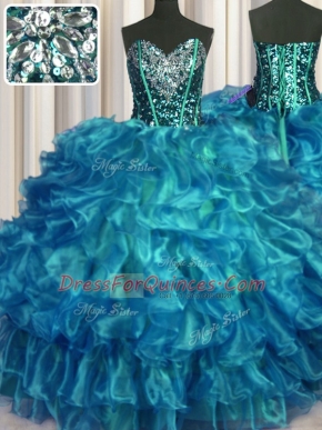 Beauteous Teal Sleeveless Organza Lace Up 15 Quinceanera Dress for Military Ball and Sweet 16 and Quinceanera