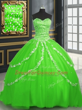 Exceptional Sleeveless Tulle With Brush Train Lace Up Quinceanera Dress in with Beading and Appliques