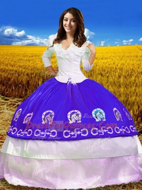 Most Popular 3 4 Length Sleeve Taffeta Floor Length Lace Up Quinceanera Gowns in Purple with Embroidery