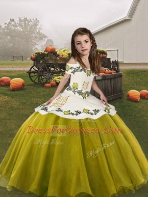 Floor Length Olive Green Pageant Gowns For Girls Straps Sleeveless Lace Up