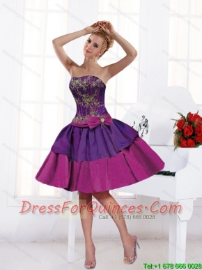 Cheap Strapless Multi Color Knee length Dama Dresses with Bowknot