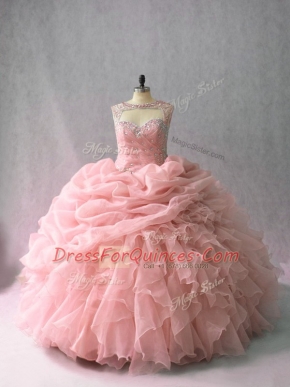 Sweet Pink Quinceanera Dress Organza Brush Train Sleeveless Beading and Ruffles and Pick Ups