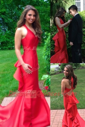 Ideal Red Mermaid Ruffles Prom Dress Zipper Satin Sleeveless