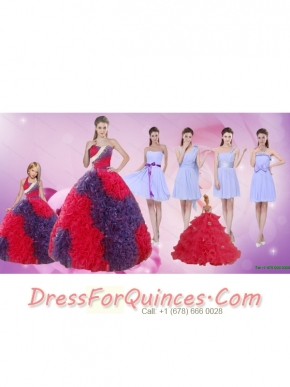 Elegant Multi Color Floor Length Quinceanera Dress and Ruching Short Dama Dresses and  Multi Color Halter Top Little Girl Dress