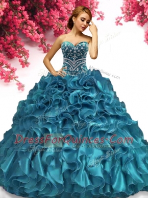 Floor Length Ball Gowns Sleeveless Teal Quinceanera Dresses Lace Up