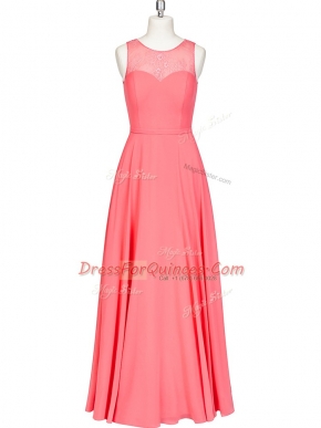 Sweet Floor Length Watermelon Red Evening Dress Chiffon Sleeveless Lace and Belt