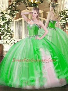 Green Halter Top Neckline Beading and Ruffles Sweet 16 Dress Sleeveless Lace Up