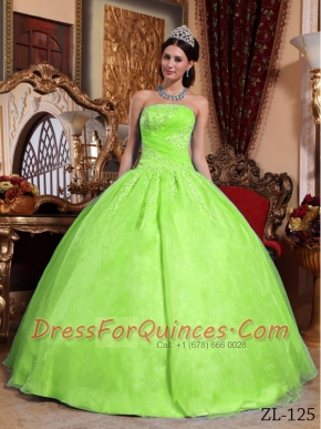 Beautiful Yellow Green Ball Gown Strapless Floor-length Organza Appliques For Sweet 16 Dresses