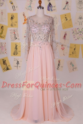 Classical Scoop Long Sleeves Brush Train Zipper Prom Dresses Pink Chiffon