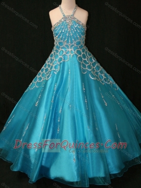 Beaded Decorated Halter Top and Bodice Teal Mini Quinceanera Dress with Criss Cross