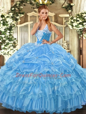 Sleeveless Organza Floor Length Lace Up Sweet 16 Quinceanera Dress in Baby Blue with Beading and Ruffled Layers and Pick Ups