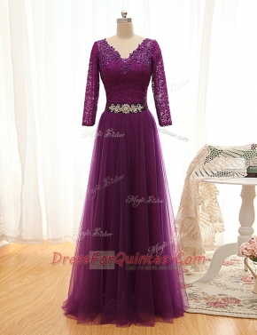 Wonderful 3 4 Length Sleeve Lace Up Floor Length Beading and Lace Prom Dresses