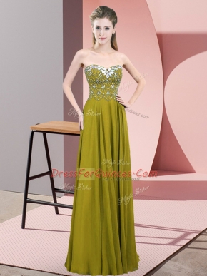 Fantastic Floor Length Olive Green Prom Evening Gown Chiffon Sleeveless Beading