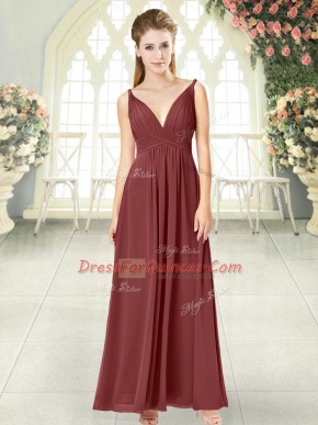 Wine Red Sleeveless Ruching Floor Length