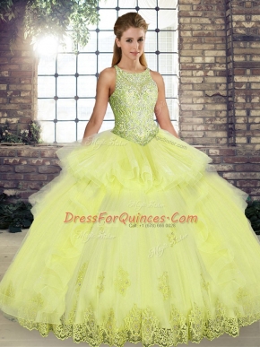 Sleeveless Tulle Floor Length Lace Up Quince Ball Gowns in Yellow with Lace and Embroidery and Ruffles