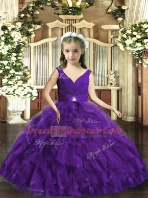 Sleeveless Floor Length Beading and Ruffles Backless Pageant Dresses with Purple