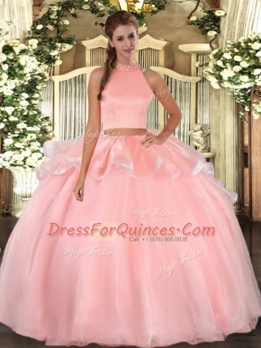 Attractive Pink Two Pieces Beading Ball Gown Prom Dress Backless Organza Sleeveless Floor Length