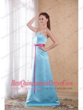 Aqua Blue Empire Strapless Brush Train Satin Sash Prom   Dress