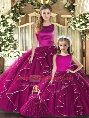 Fancy Fuchsia Sleeveless Floor Length Ruffles Lace Up 15th Birthday Dress