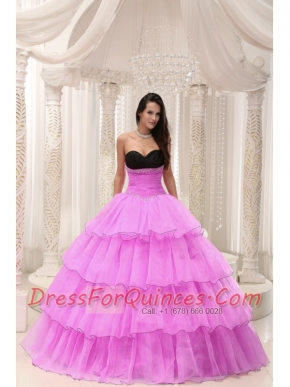 Rose Pink Sweetheart Beaded and Layers Ball Gown 15th Birthday Dresses Taffeta and Organza