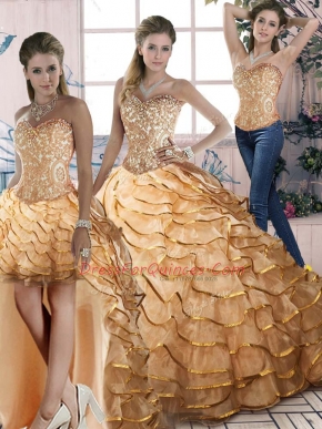 Gold 15 Quinceanera Dress Sweet 16 and Quinceanera with Ruffled Layers Halter Top Sleeveless Brush Train Lace Up