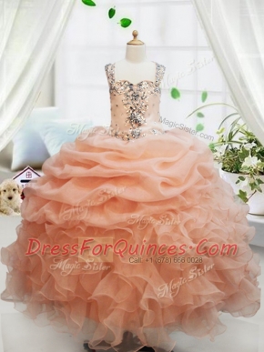 Graceful Straps Orange Organza Zipper Little Girls Pageant Dress Wholesale Sleeveless Floor Length Beading and Ruffles and Pick Ups