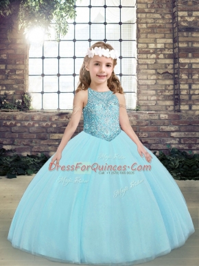 Floor Length Ball Gowns Sleeveless Aqua Blue Little Girl Pageant Gowns Lace Up