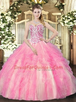 Customized Rose Pink Lace Up Sweetheart Beading and Ruffles 15th Birthday Dress Tulle Sleeveless