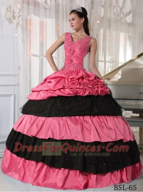 2014 Ball Gown Taffeta Beading Watermelon and Black Discount Quinceanera Dresses