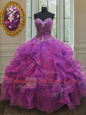 Purple Sweetheart Neckline Beading and Ruffles and Sequins Quinceanera Gown Sleeveless Lace Up