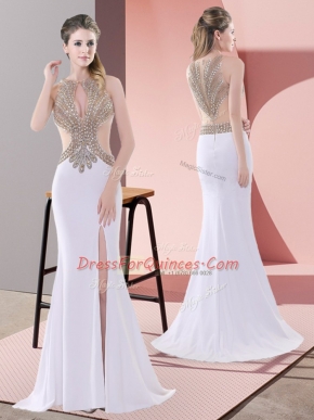 Discount White Homecoming Dress Chiffon Sweep Train Sleeveless Beading and Lace