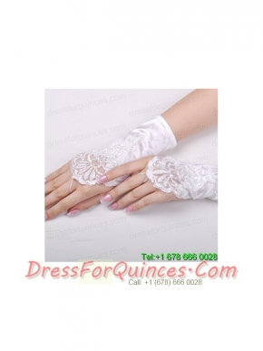 Gorgeous Satin Fingerless Wrist Length Bridal Gloves With Appliques