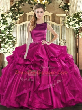 Best Floor Length Fuchsia Sweet 16 Dresses Organza Sleeveless Ruffles