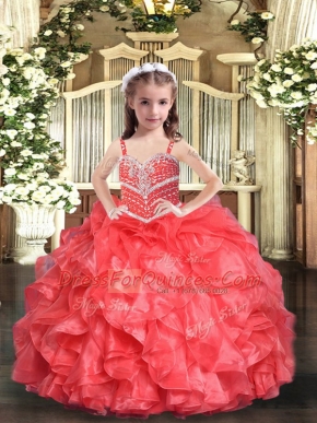 Unique Coral Red Lace Up Straps Beading and Ruffles Child Pageant Dress Organza Sleeveless
