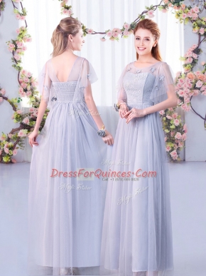 Decent Floor Length Grey Damas Dress Tulle Short Sleeves Lace and Belt