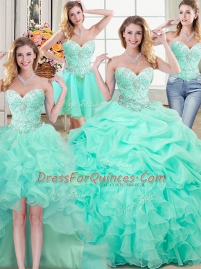 Four Piece Apple Green Organza Lace Up Sweetheart Sleeveless Floor Length Quince Ball Gowns Beading and Ruffles and Pick Ups