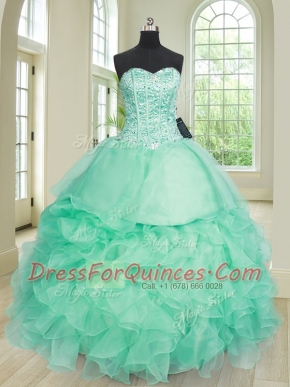 Floor Length Lace Up Ball Gown Prom Dress Apple Green for Military Ball and Sweet 16 and Quinceanera with Beading and Ruffles
