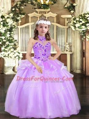 Lavender Little Girl Pageant Dress Party and Wedding Party with Appliques Halter Top Sleeveless Lace Up