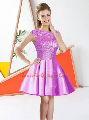 Stylish Lilac Taffeta Backless Quinceanera Court of Honor Dress Sleeveless Knee Length Beading and Lace