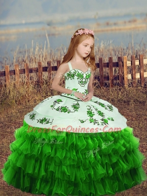 Excellent Ball Gowns Straps Sleeveless Organza Floor Length Lace Up Embroidery and Ruffled Layers Kids Pageant Dress