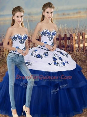 Floor Length Royal Blue Quinceanera Gown Tulle Sleeveless Embroidery and Bowknot
