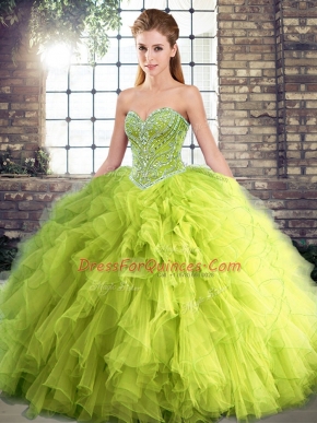 Floor Length Lace Up 15th Birthday Dress Yellow Green for Military Ball and Sweet 16 and Quinceanera with Beading and Ruffles