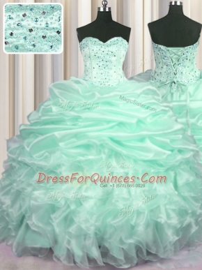 New Style Pick Ups Apple Green Sleeveless Organza Sweep Train Lace Up Vestidos de Quinceanera for Military Ball and Sweet 16 and Quinceanera