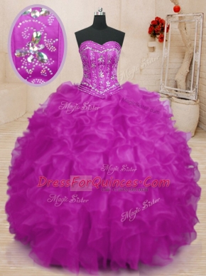Pretty Ball Gowns Vestidos de Quinceanera Fuchsia Sweetheart Organza Sleeveless Floor Length Lace Up