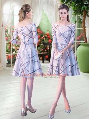 Knee Length A-line Half Sleeves Grey Prom Gown Lace Up