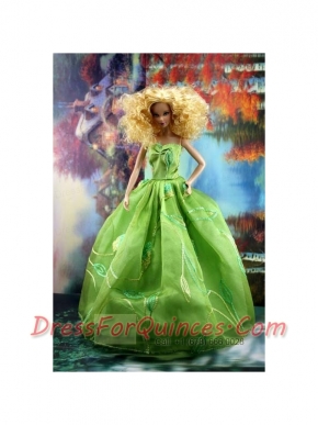 Green Pretty Dress With Embroidery Gown For Barbie Doll