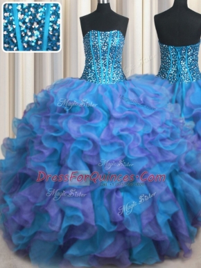 Lovely Visible Boning Bling-bling Multi-color Sleeveless Floor Length Beading and Ruffles Lace Up Ball Gown Prom Dress
