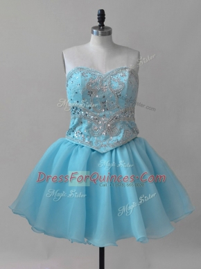 Pretty Sleeveless Organza Mini Length Lace Up Prom Evening Gown in Baby Blue with Beading